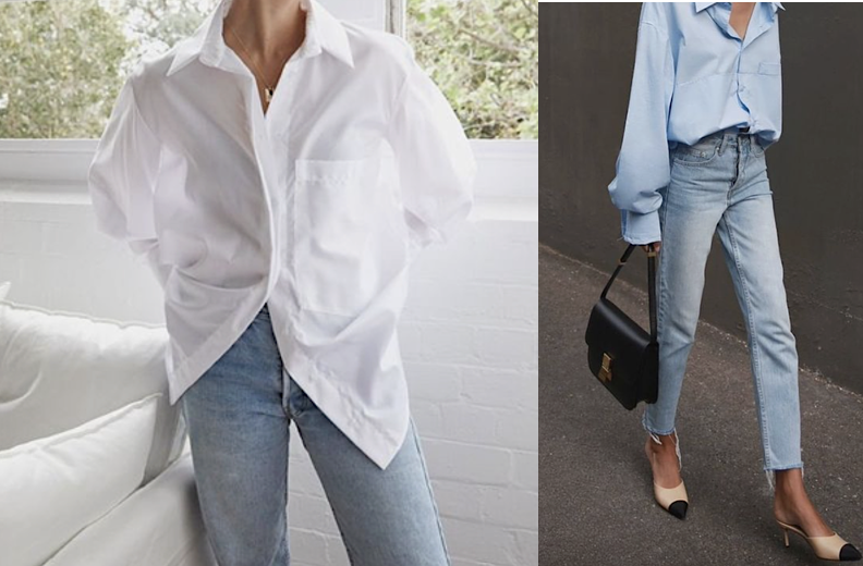 Une chemise blanche et une chemise bleu clair accrochées côte à côte