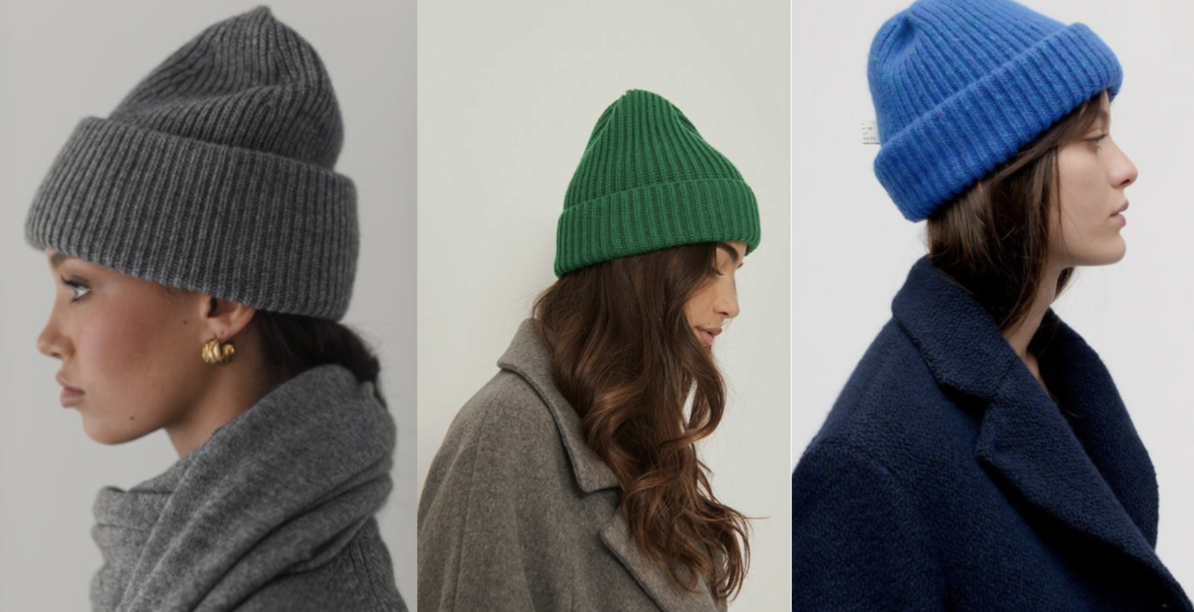 Trois bonnets d’hiver tricotés aux textures différentes