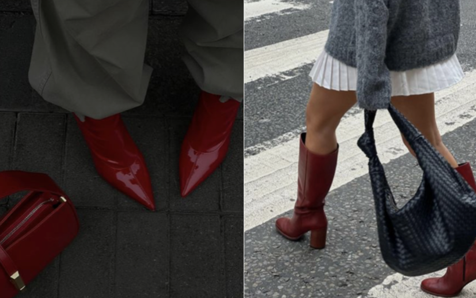 Bottines rouges, escarpins rouges et sac assorti