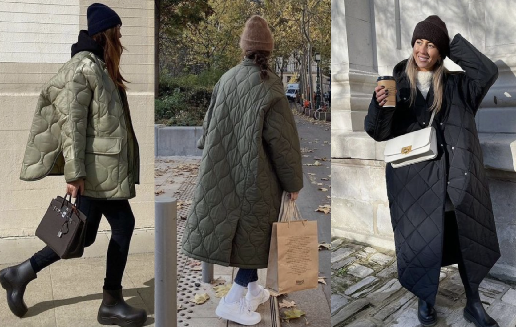 Trois manteaux matelassés en coquille dans des tons terreux