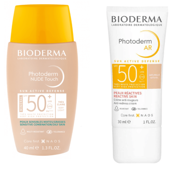 Deux crèmes solaires Bioderma côte à côte : Nude Touch 50+ (claire) et Photoderm AR (teinte naturelle)