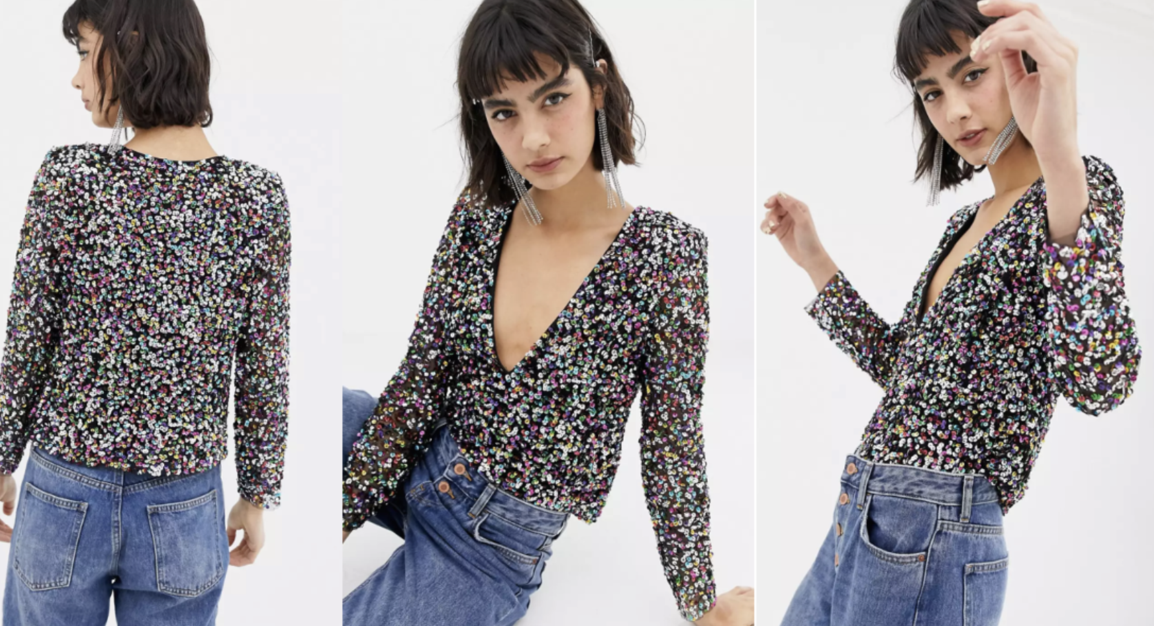 Gros plan sur un haut à paillettes porté pour le Nouvel An 2024, avec des détails brillants argentés