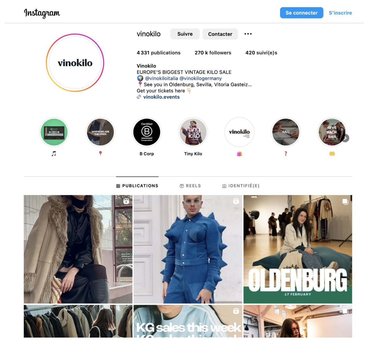Capture d’écran de la page Instagram de Vinokilo mettant en avant la mode vintage