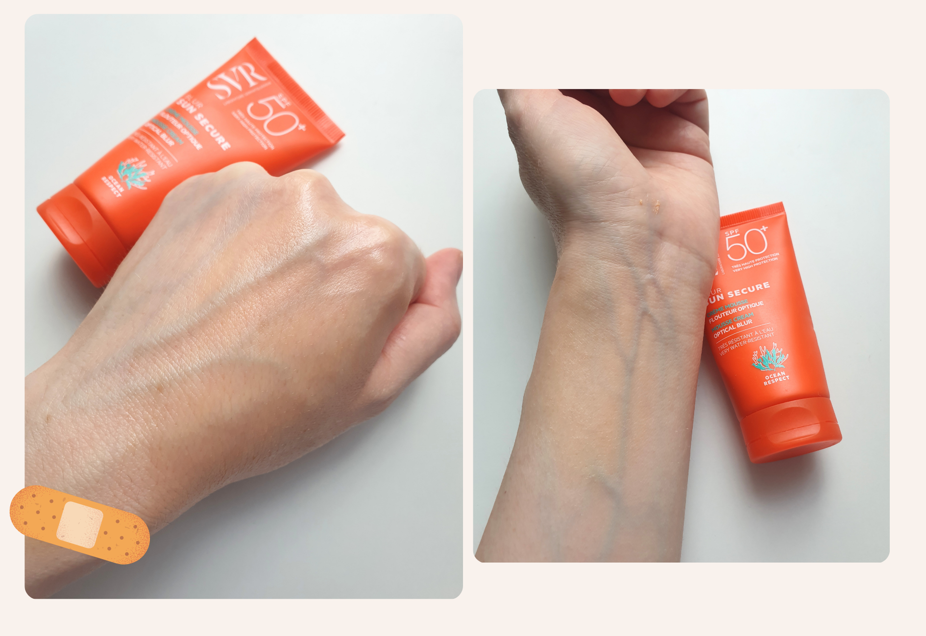 Crème solaire SVR Blur Sun Secure SPF 50+ appliquée sur la peau, montrant la transparence