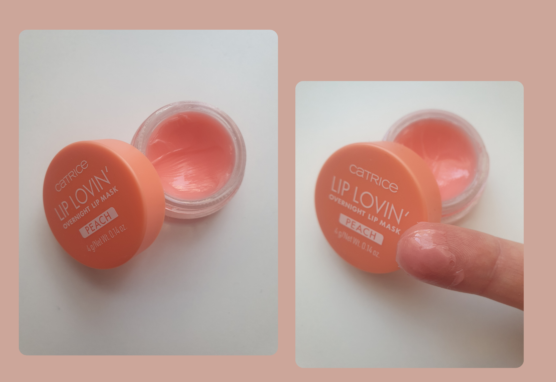 Masque à lèvres Catrice LIP LOVIN' avec texture montrée sur le doigt et dans le pot