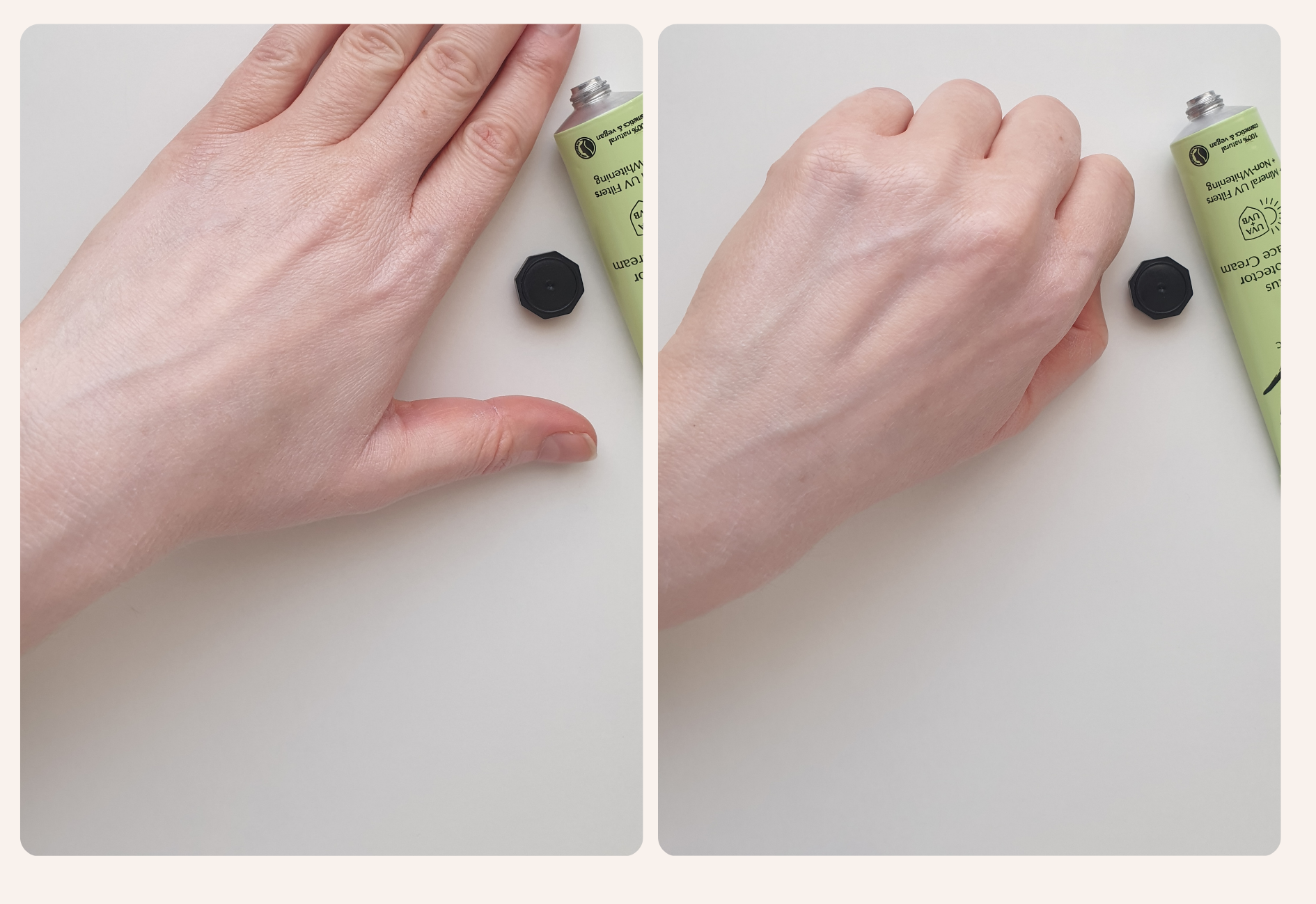 Crème solaire minérale hej appliquée sur la main montrant un filtre blanc